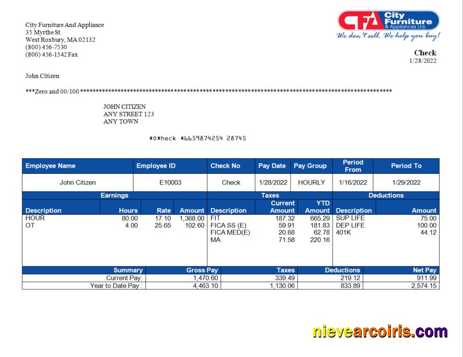 USA furniture & appliances employee sheet